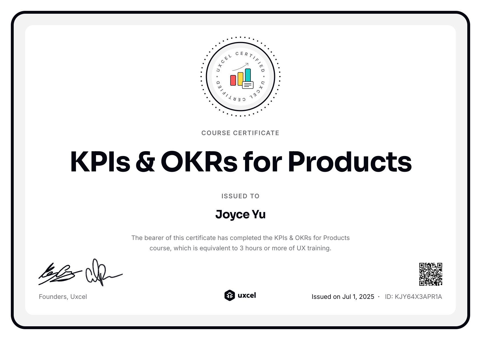 Joyce Yu's certificate